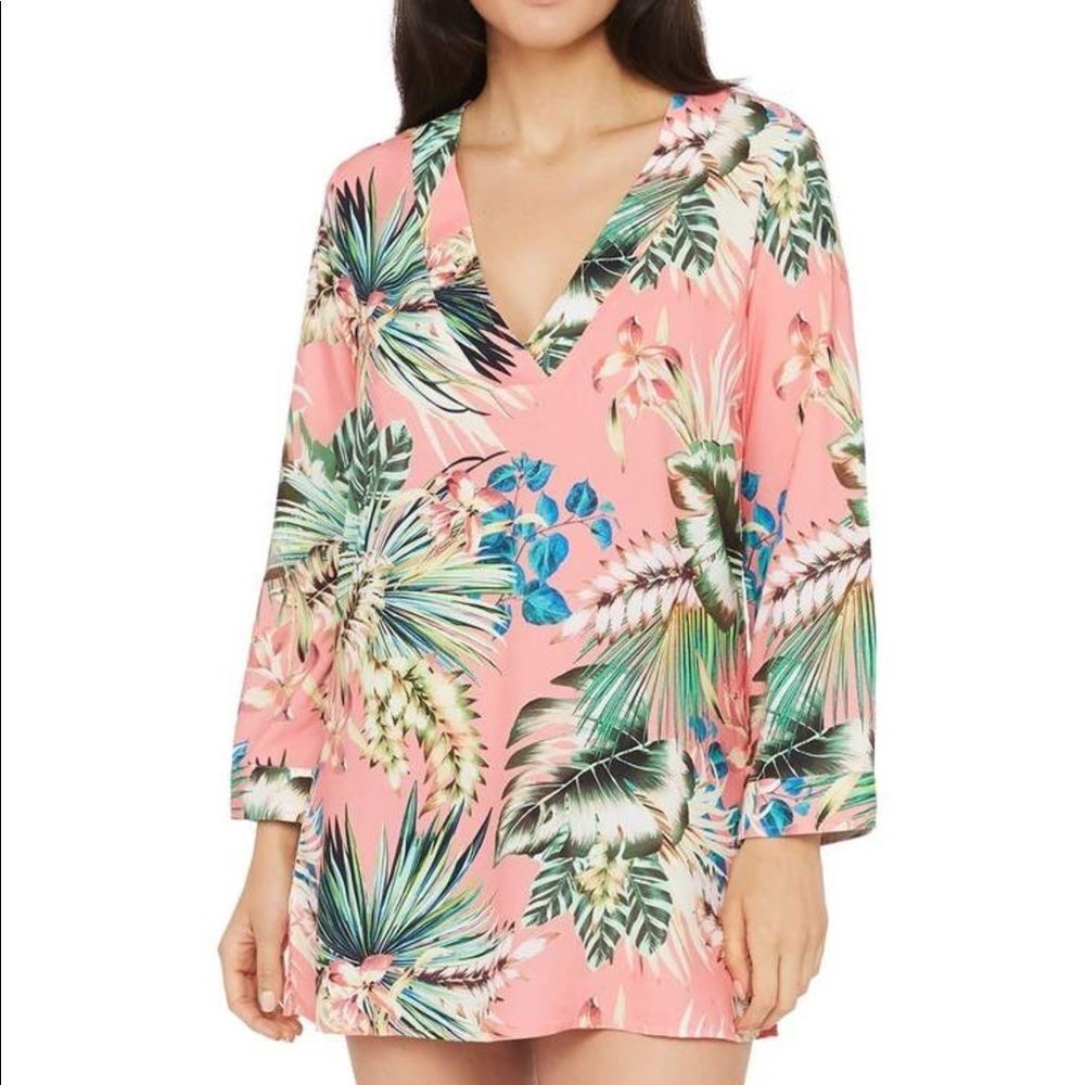 NEW La Blanca Womens Coverup Small Pink Palm Tree Print Long Sleeve Tunic V-Neck